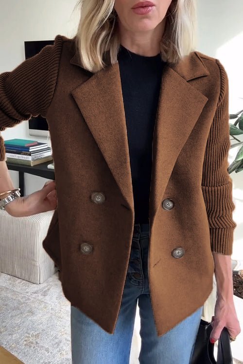 Women's Double Breasted Blazer Knit Sleeve Tailored Fit - Dark Brown