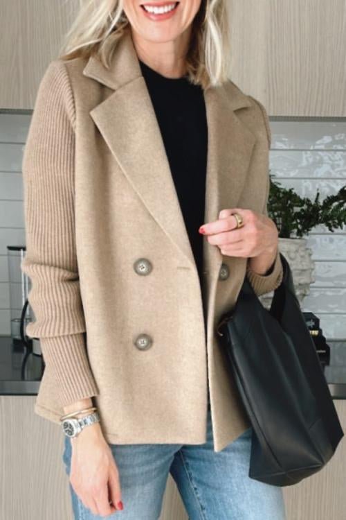 Women's Double Breasted Blazer Knit Sleeve Tailored Fit - Khaki