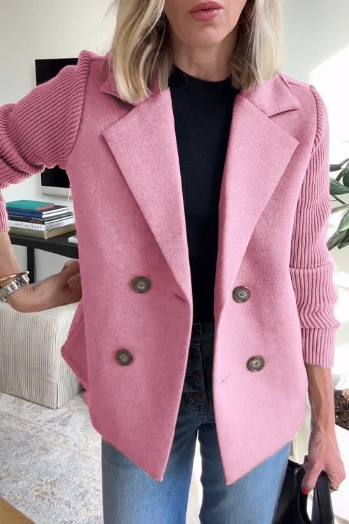 Women's Double Breasted Blazer Knit Sleeve Tailored Fit - Pink
