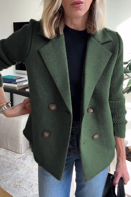 Women's Double Breasted Blazer Knit Sleeves Tailored Fit - Green