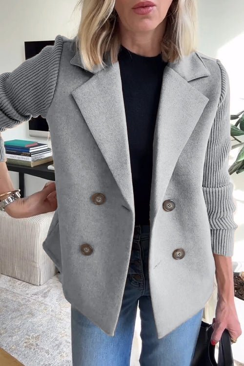 Women's Double Breasted Blazer Knit Sleeves Tailored Fit - Grey