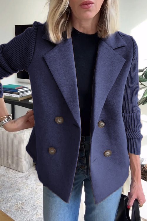 Women's Double Breasted Blazer Knit Sleeves Tailored Fit - Blue
