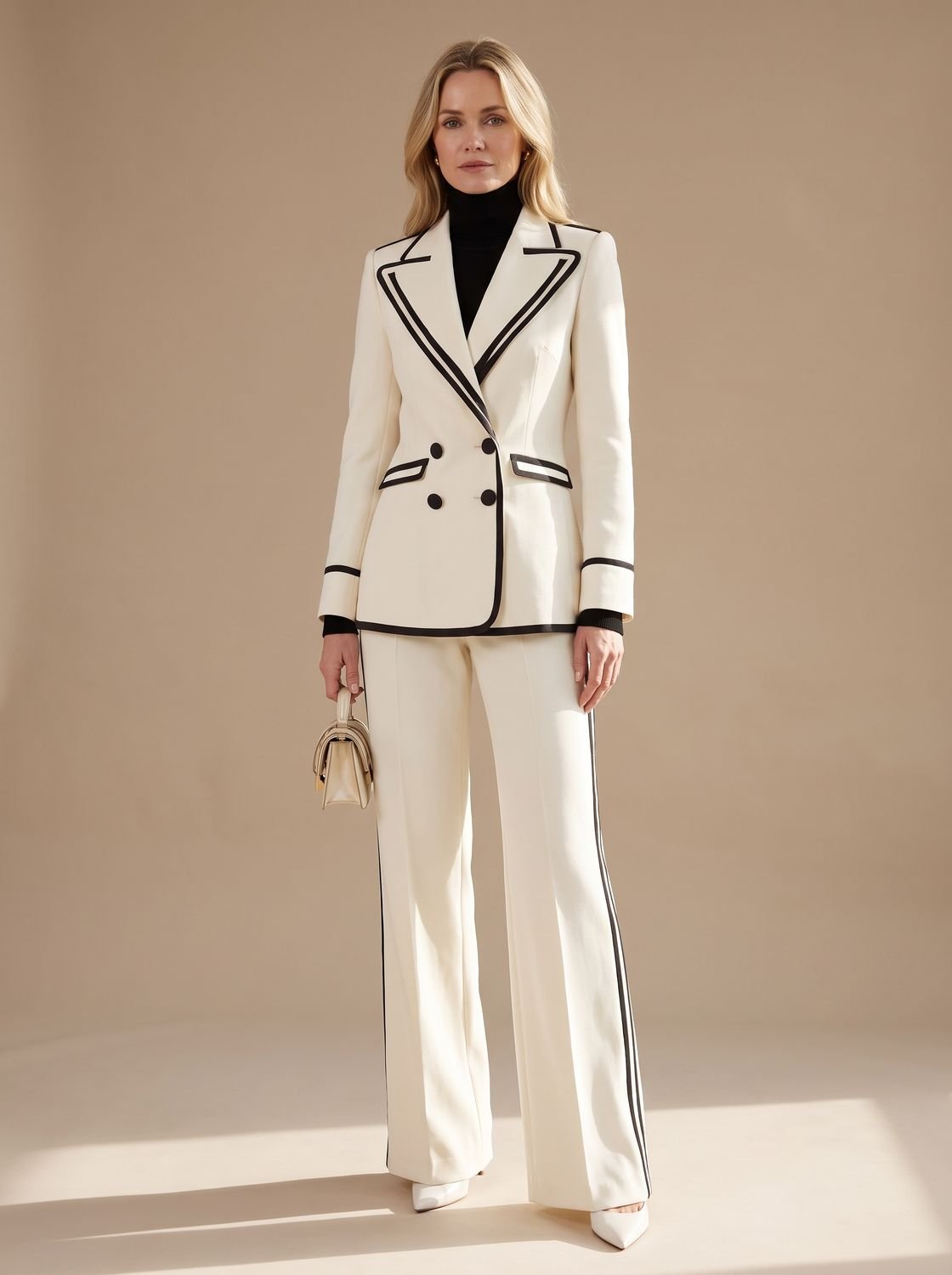 Women's Double-Breasted Contrast-Trim Blazer Wide-Leg Suit Set - White