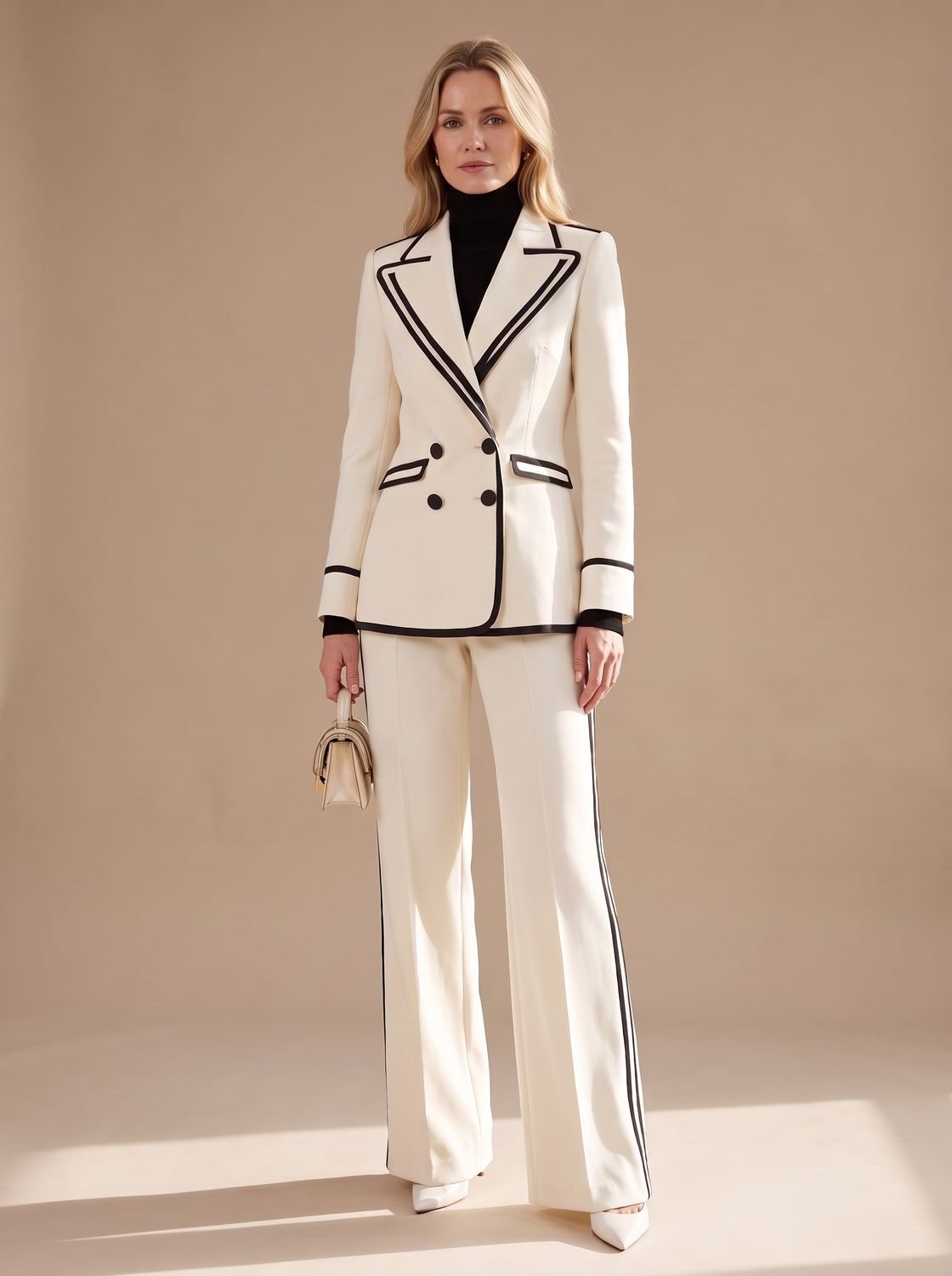 Women's Double-Breasted Contrast-Trim Blazer Wide-Leg Suit Set