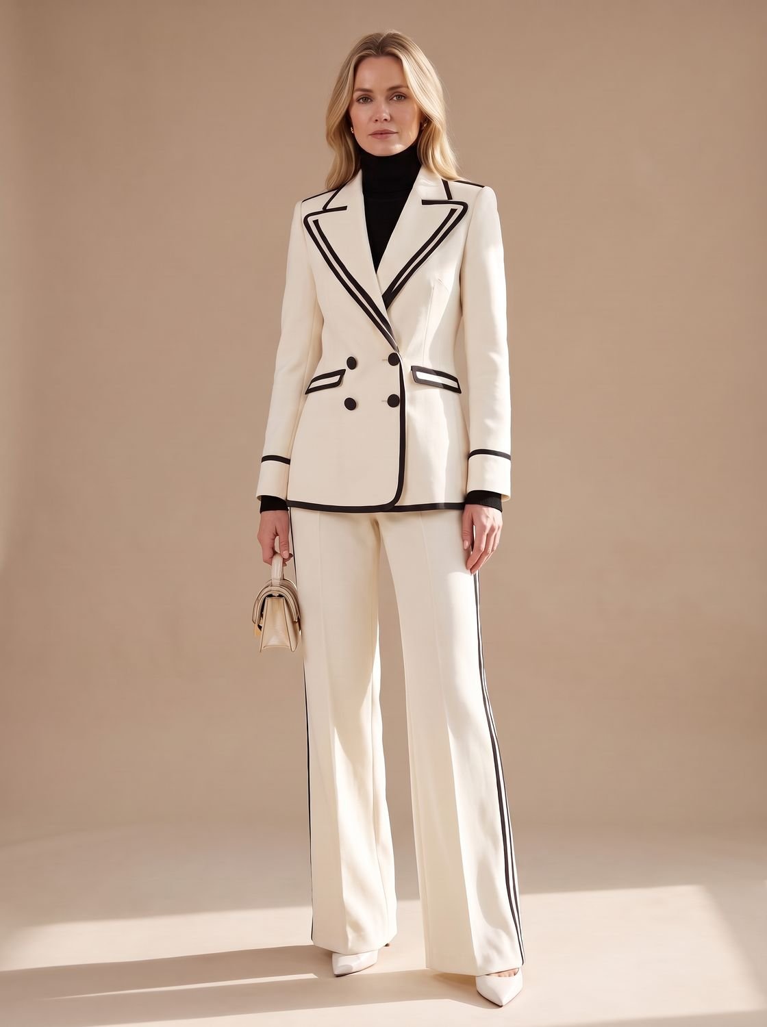 Women's Double-Breasted Contrast-Trim Blazer Wide-Leg Suit Set