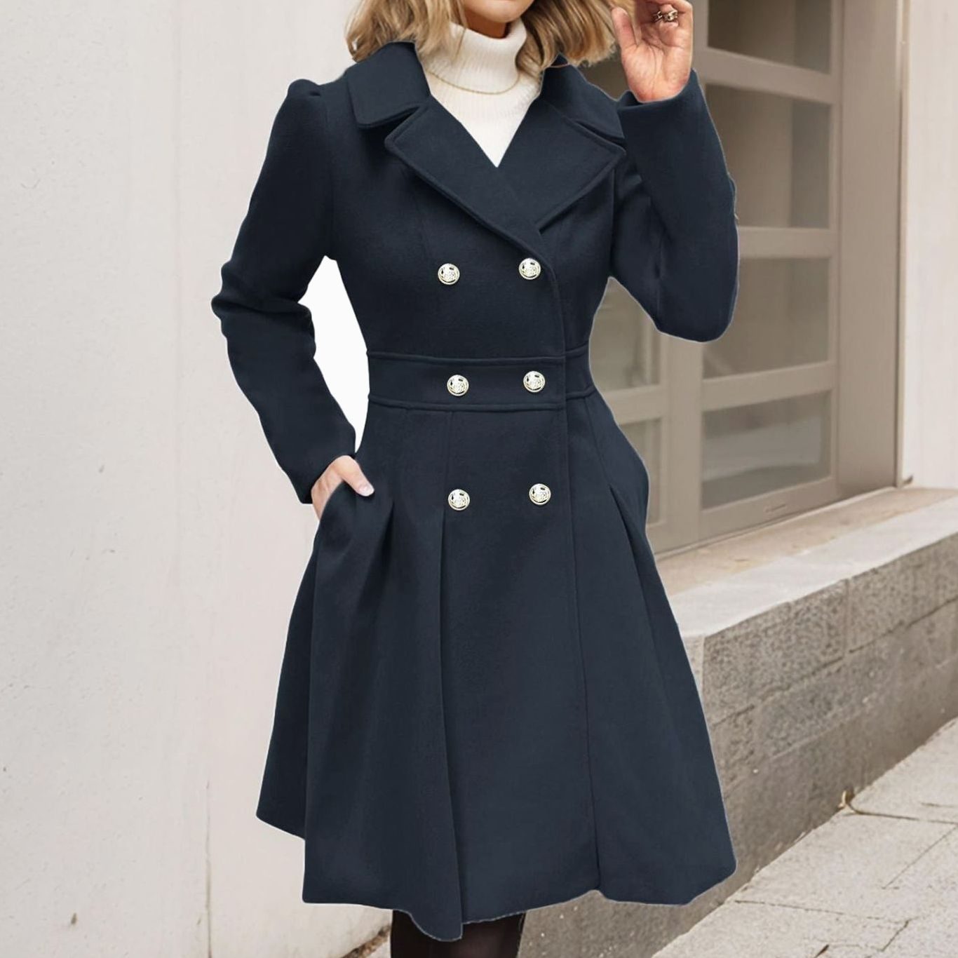 Women's Double-Breasted Fit-and-Flare Longline Wool-Blend Coat