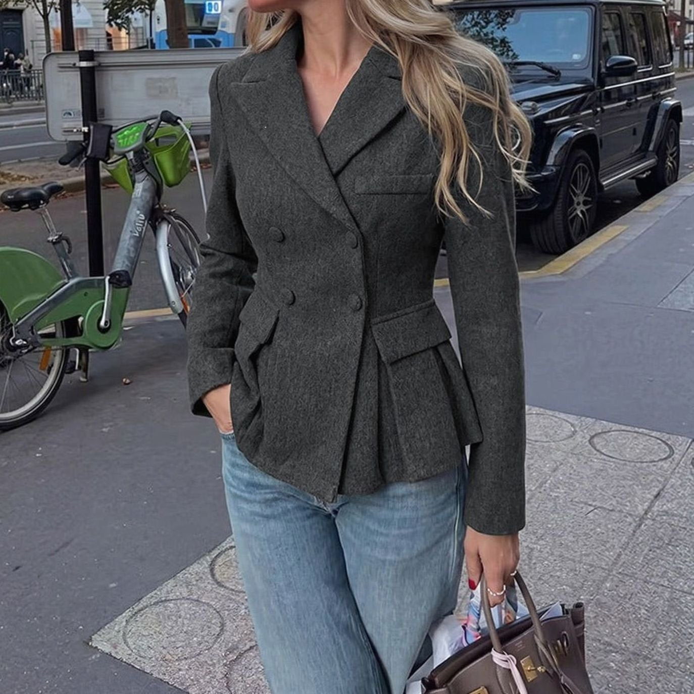 Women's Double-Breasted Peplum Long Sleeve Blazer Jacket