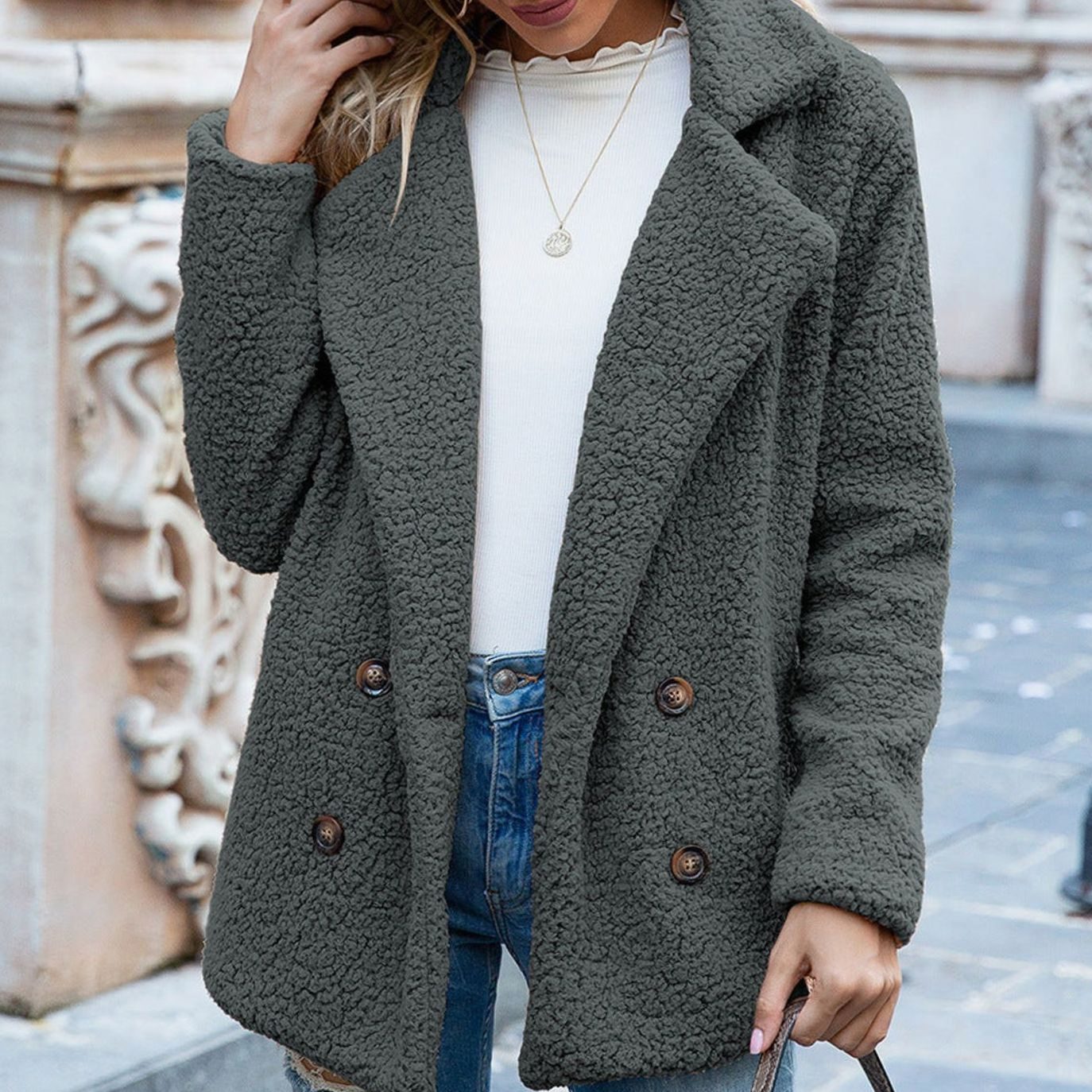 Women's Double-Breasted Teddy Fleece Light Jacket Lapel Coat - Grey