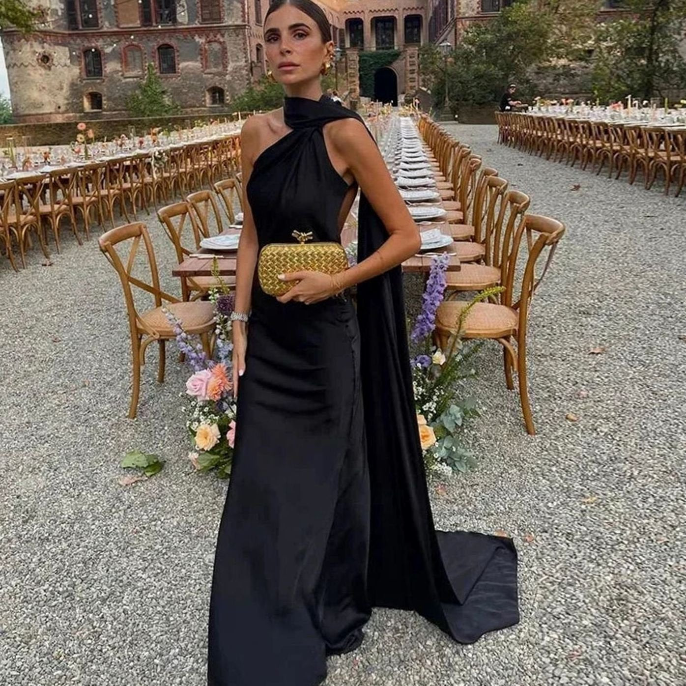 Women's Draped One-Shoulder Formal Maxi Dress - Black