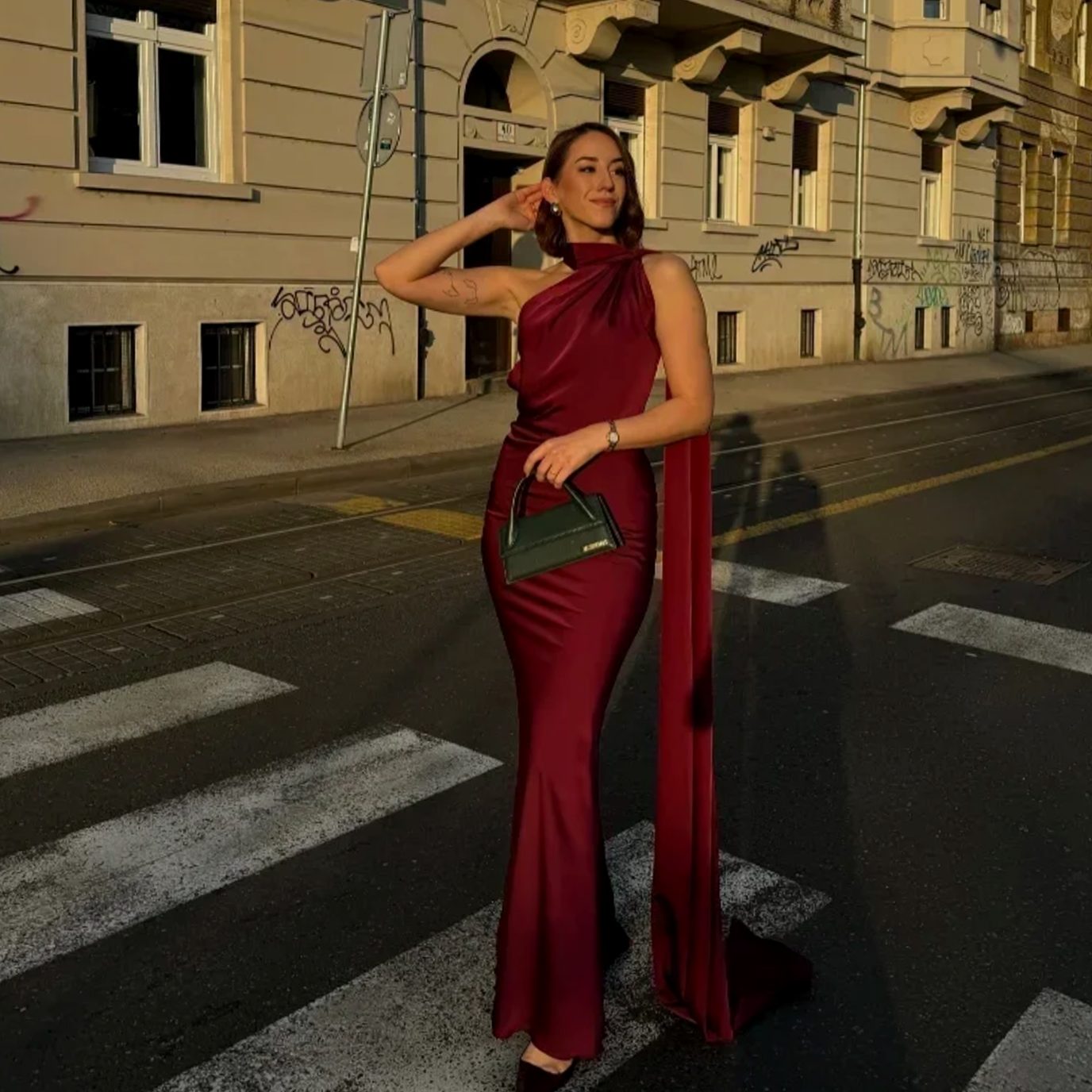 Women's Draped One-Shoulder Formal Maxi Dress - Wine Red