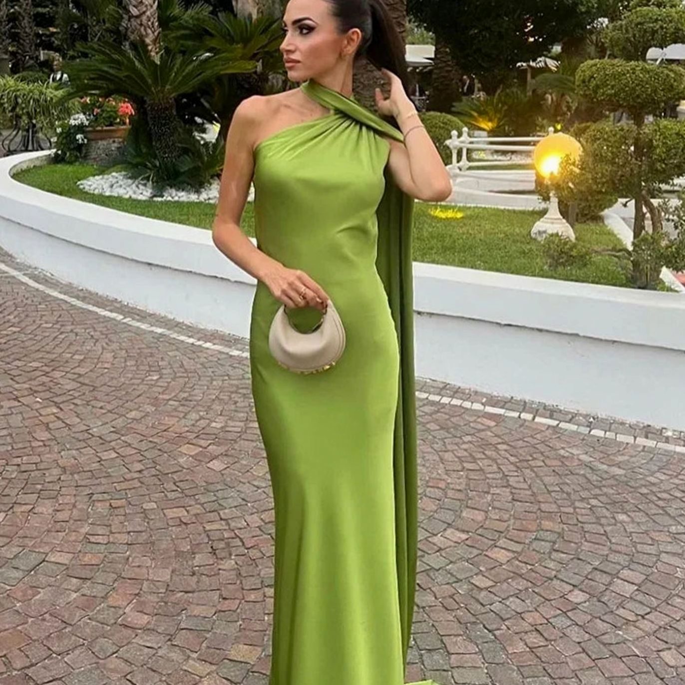 Women's Draped One-Shoulder Formal Maxi Dress - Green