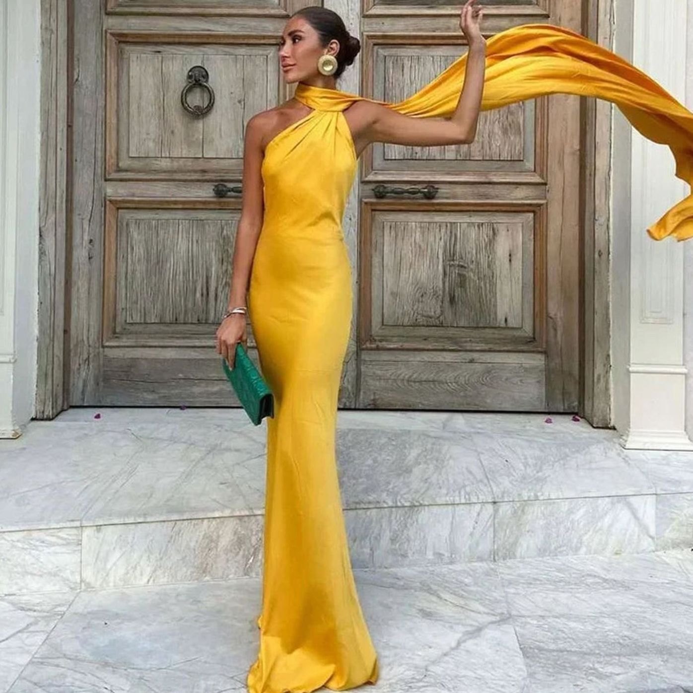 Women's Draped One-Shoulder Formal Maxi Dress - Yellow