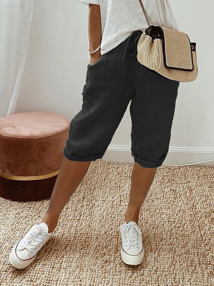 Women's Drawstring Cropped Linen Bermuda Shorts - Black