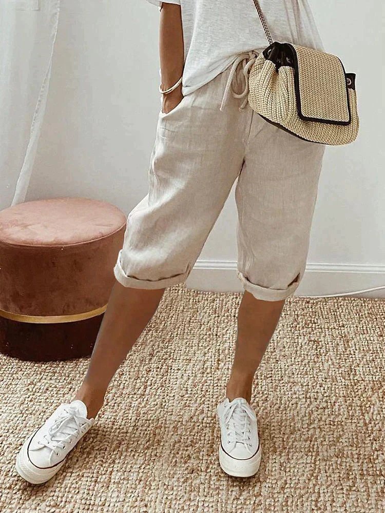 Women's Drawstring Cropped Linen Bermuda Shorts - Beige