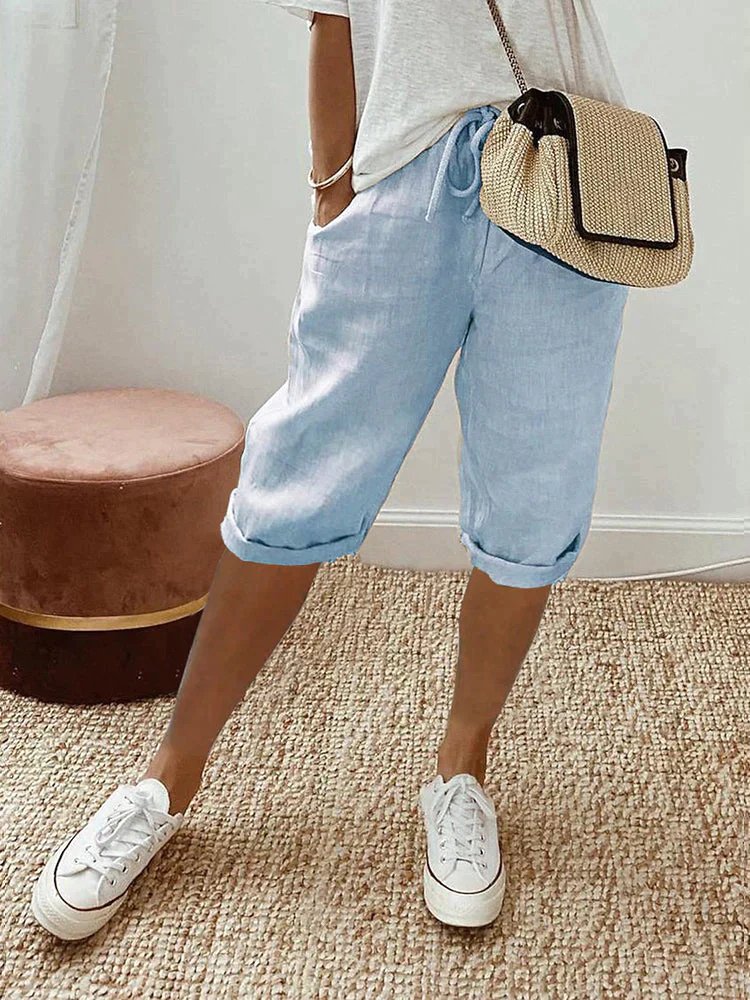 Women's Drawstring Cropped Linen Bermuda Shorts - Light Blue