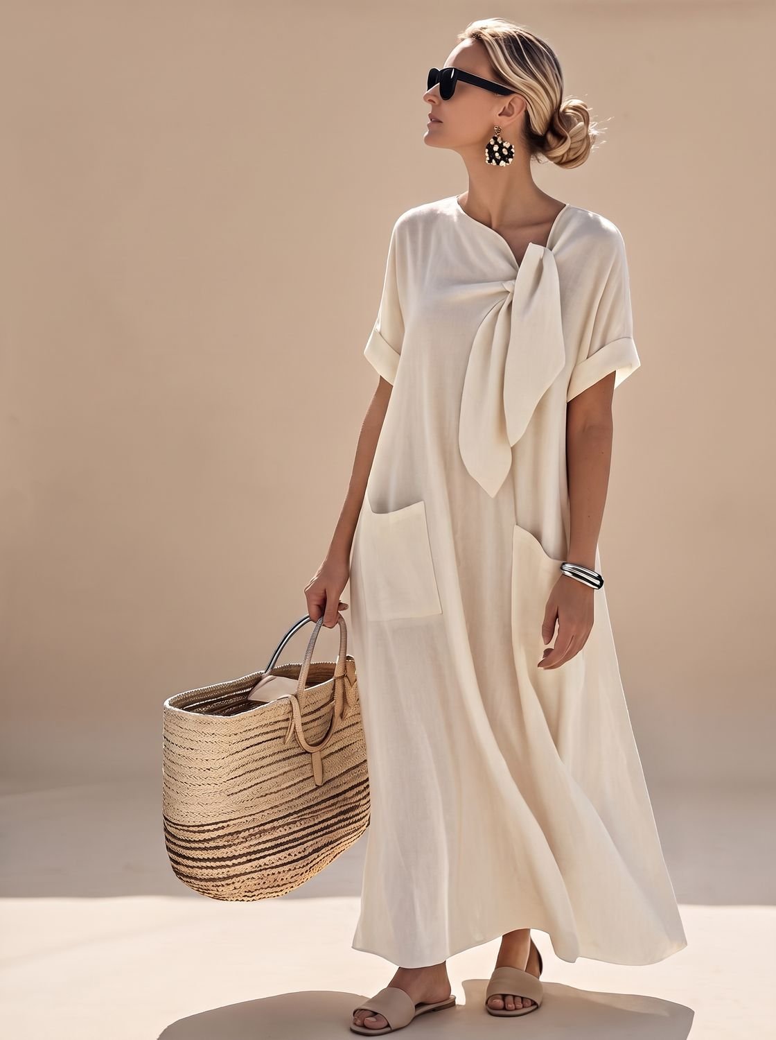 Women's Elegant Flowy Maxi Dress Neck Tie Short Sleeve Pockets - Beige