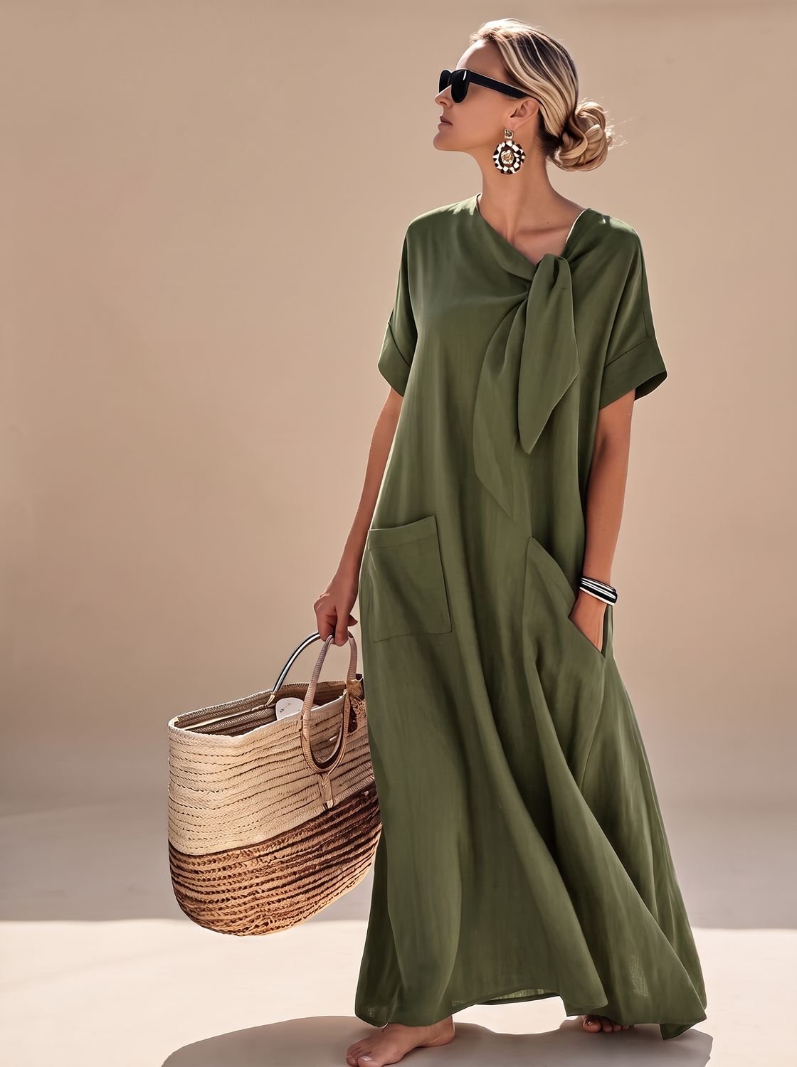 Women's Elegant Flowy Maxi Dress Neck Tie Short Sleeve Pockets - Army Green