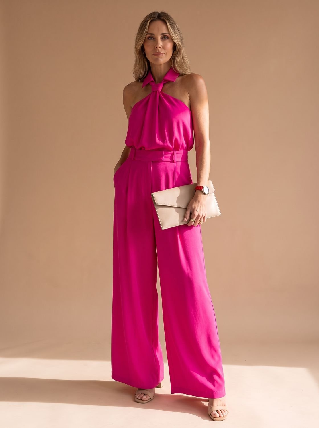 Women's Elegant Halter-Neck Wide-Leg Formal Jumpsuit - Pink