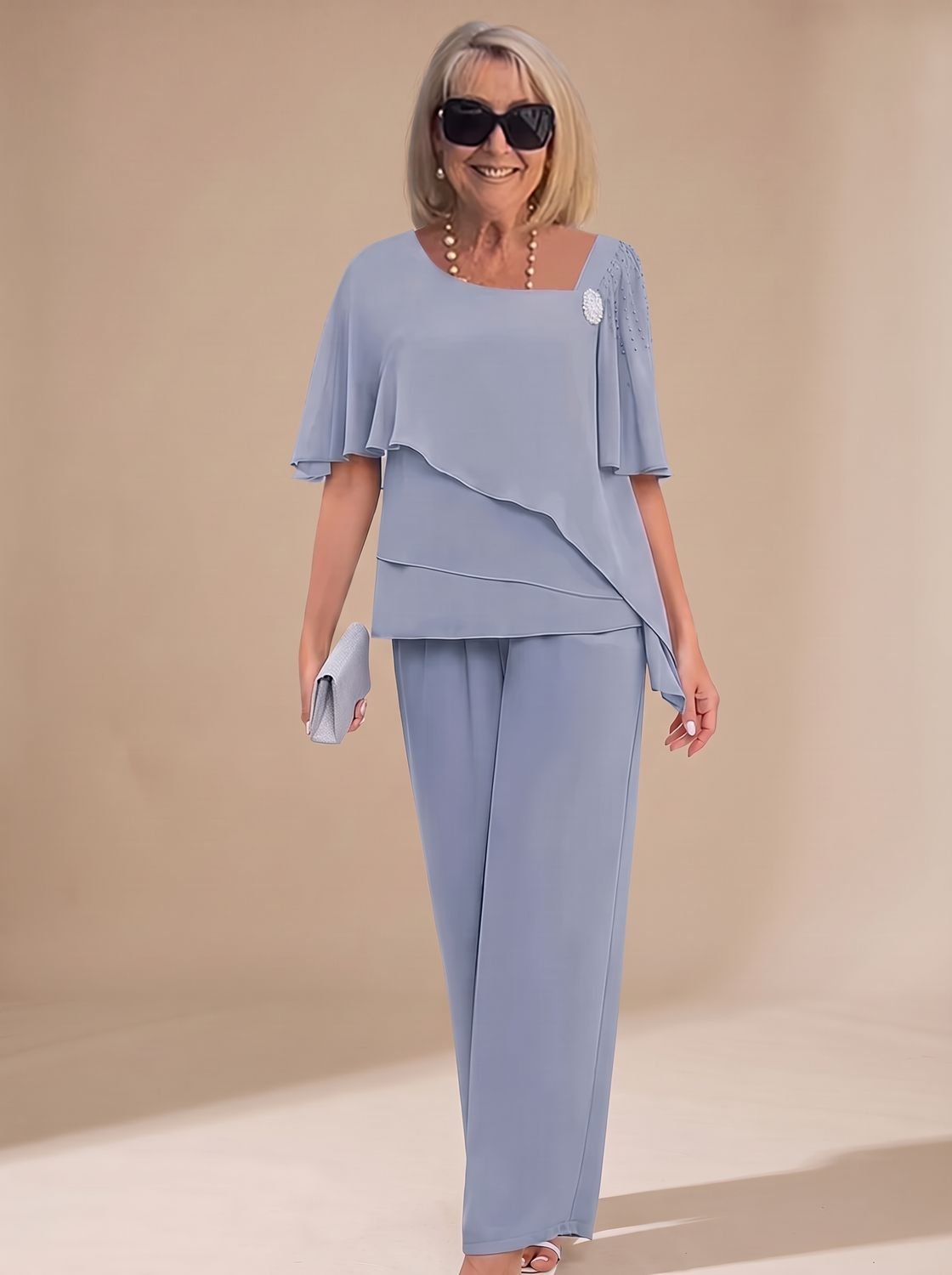 Women's Elegant Layered Chiffon Two-Piece Pants Set