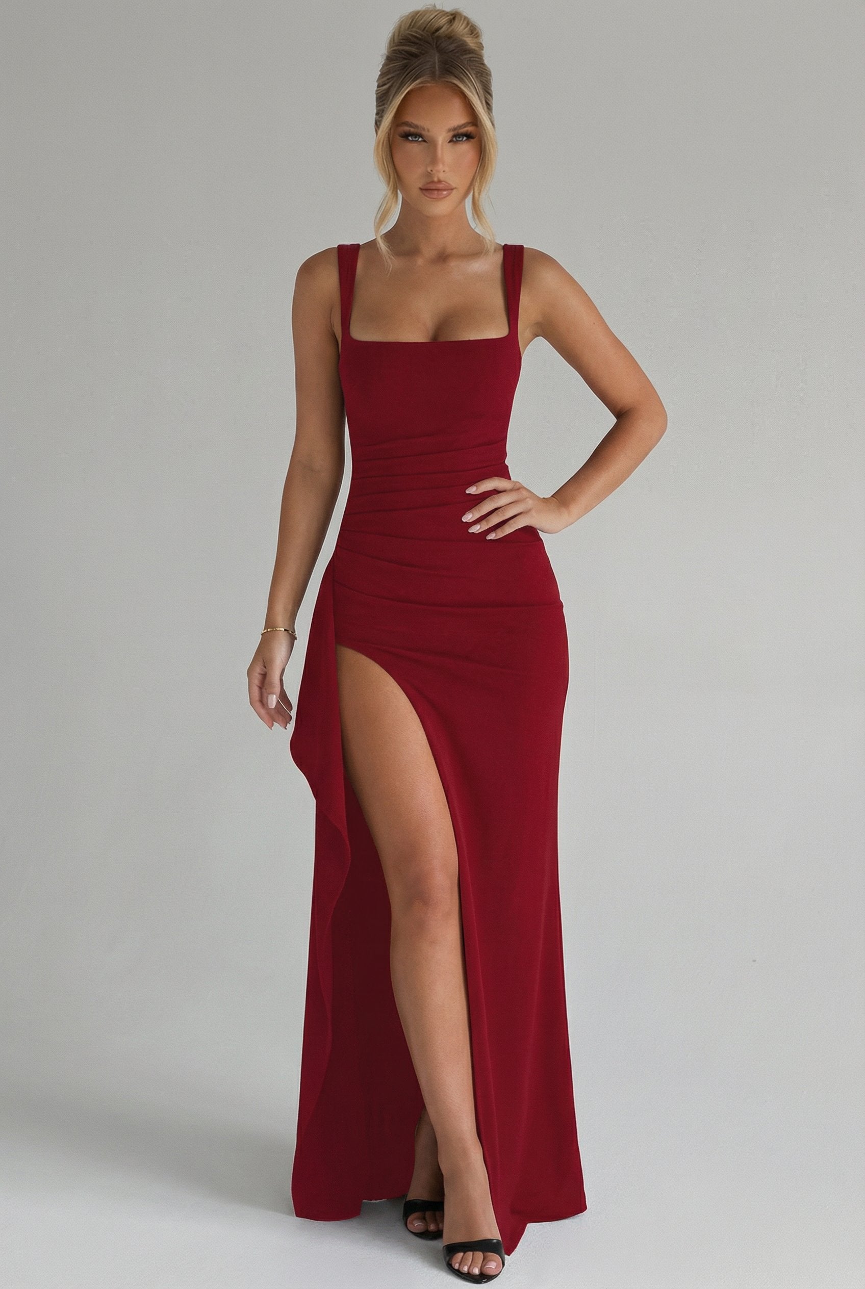Women's Elegant Open-Back Bodycon Slip Maxi Dresses Leg Split - Red