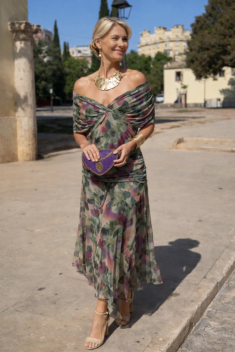 Women's Elegant V-Neck Chiffon Maxi Summer Dress - Bouquet