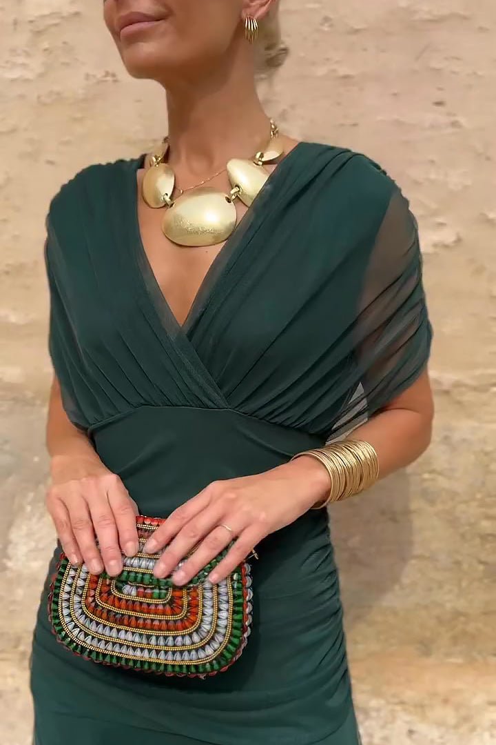 Women's Elegant V-Neck Pleated Chiffon Maxi Dress