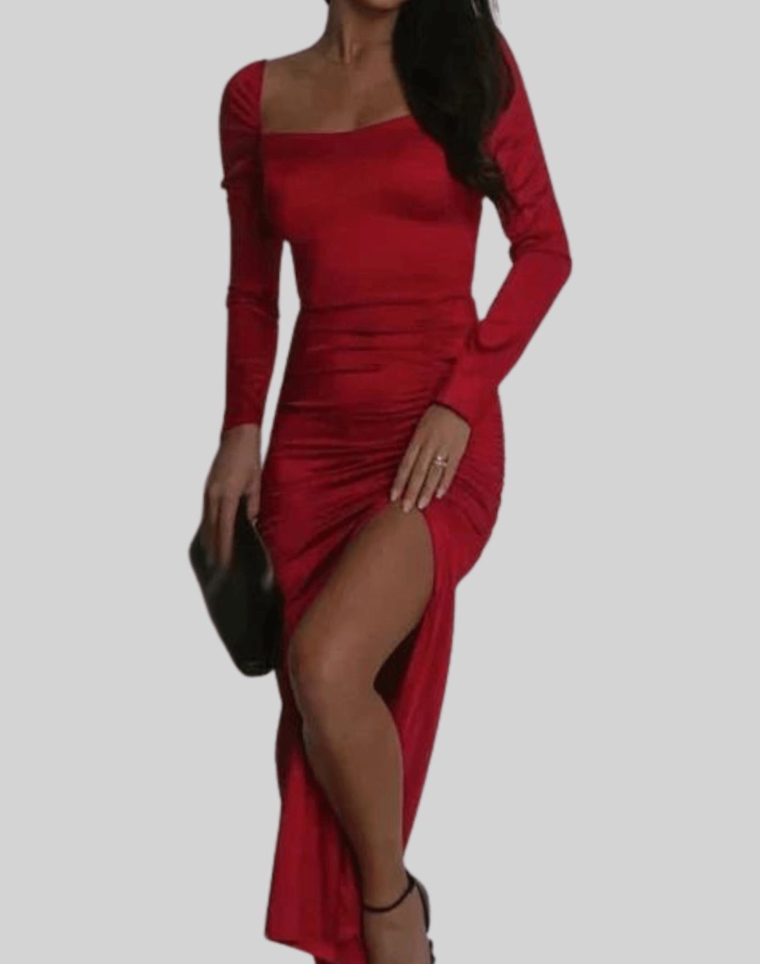 Women's Elegant Velvet Formal Dress Square Neck Side Slit - Red