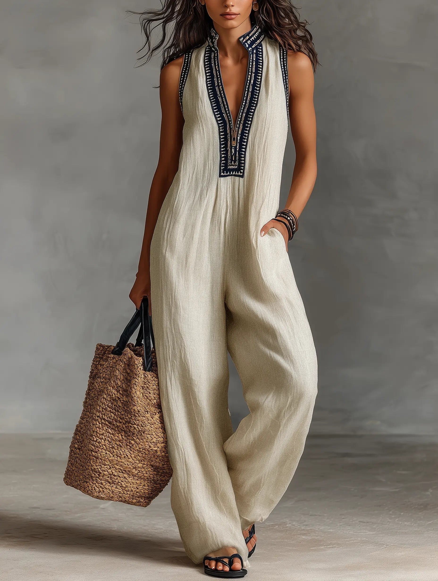 Women's Embroidered Linen Sleeveless Stand-Collar Jumpsuit - Photo Color