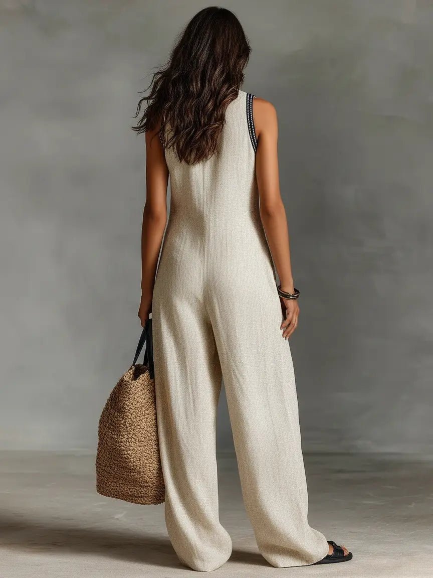 Women's Embroidered Linen Sleeveless Stand-Collar Jumpsuit