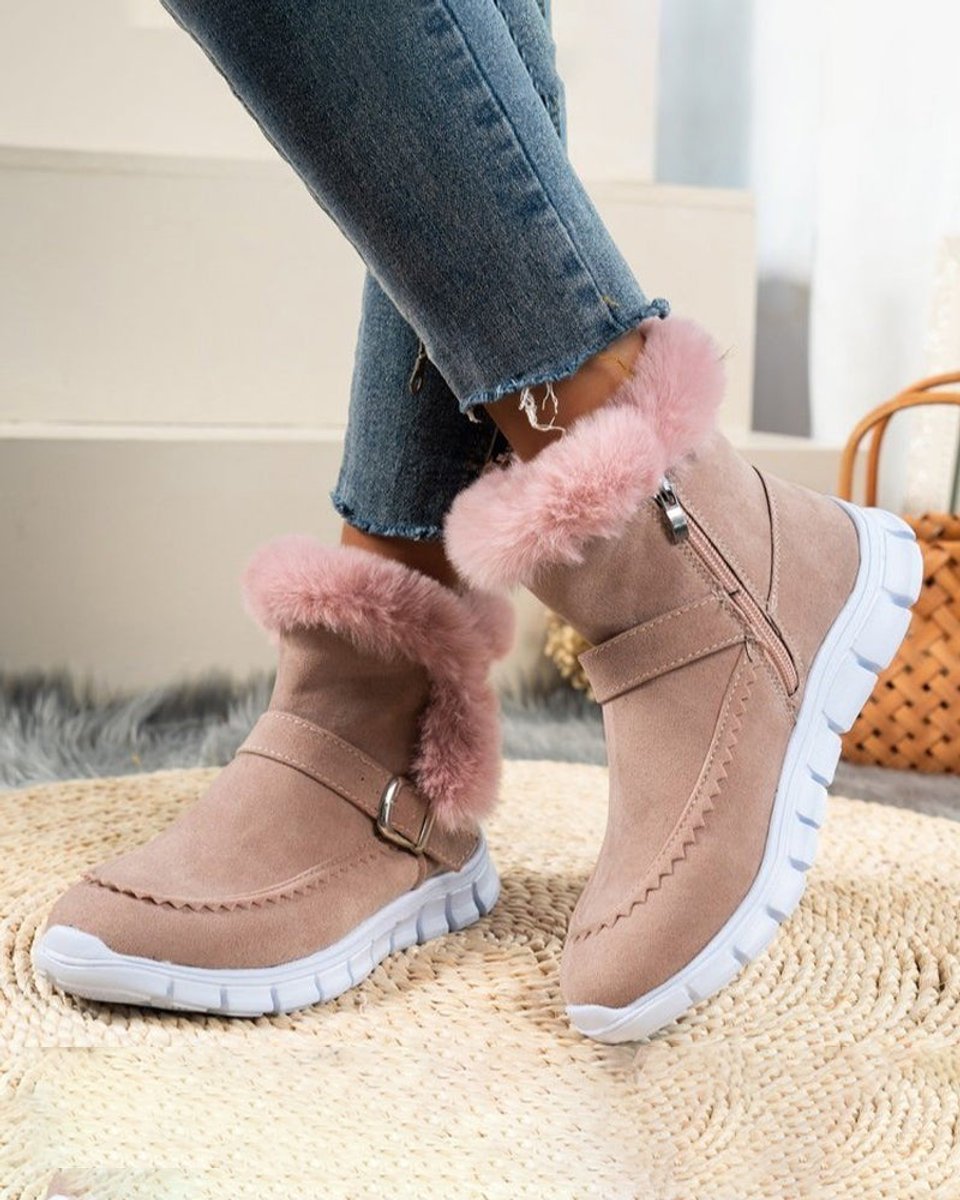 Women's Faux Suede Fur-Lined Buckle Strap Comfort Sneakers