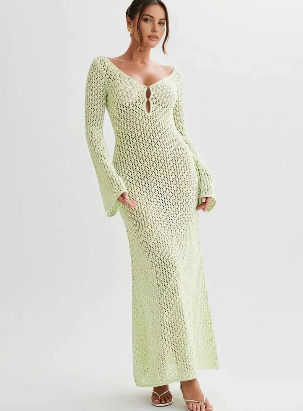 Women's Fitted Long Sleeve V-Neck Crochet Maxi Dress - Lime