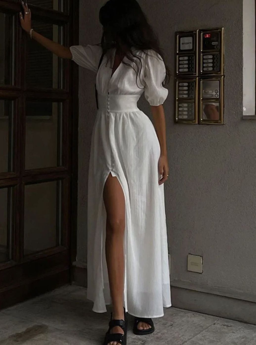 Women's Fitted Puff-Sleeve Button-Front Maxi Dress