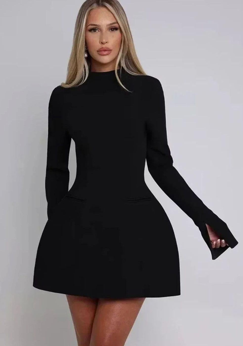 Women's Flared Mini Dress Long Bell Sleeves Open Back Evening