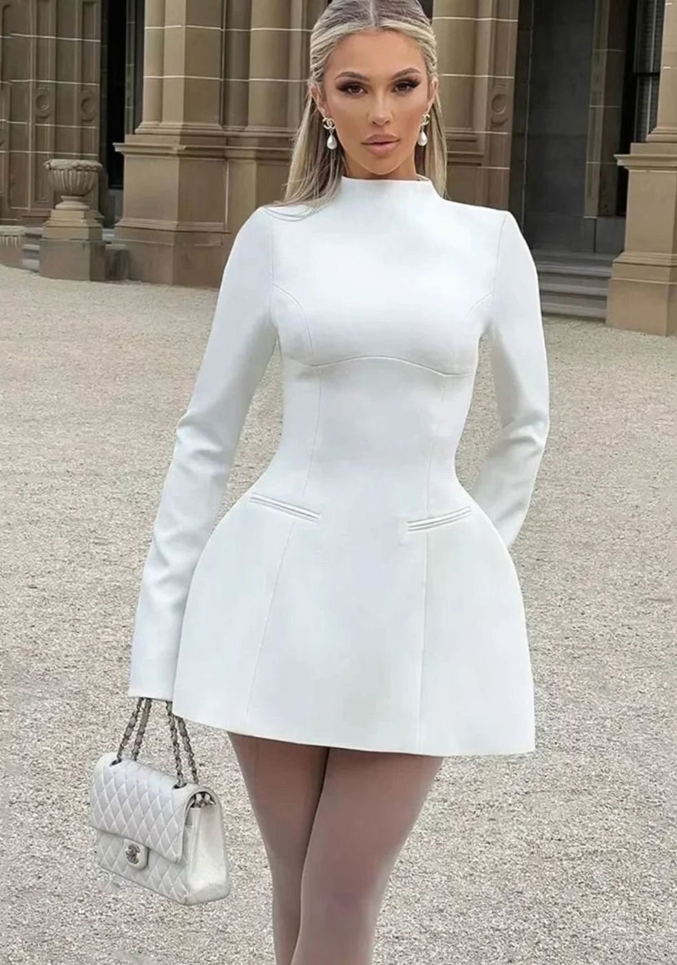 Women's Flared Mini Dress Long Bell Sleeves Open Back Evening - White
