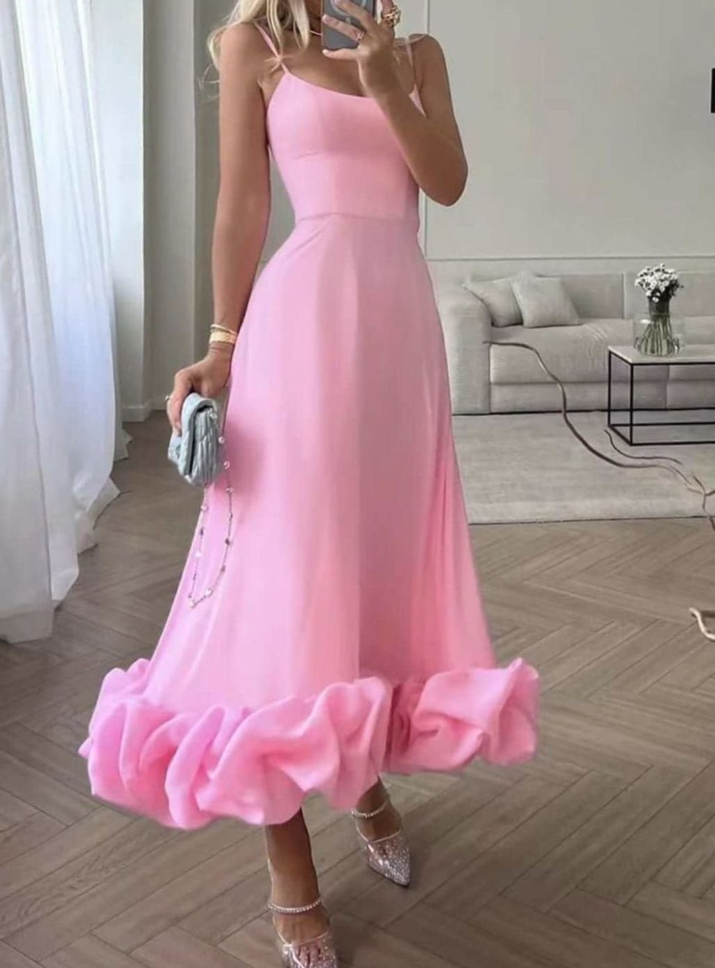 Women's Floral A-Line Midi Wedding Guest Dress Bustier Ruffle Hem - Pink