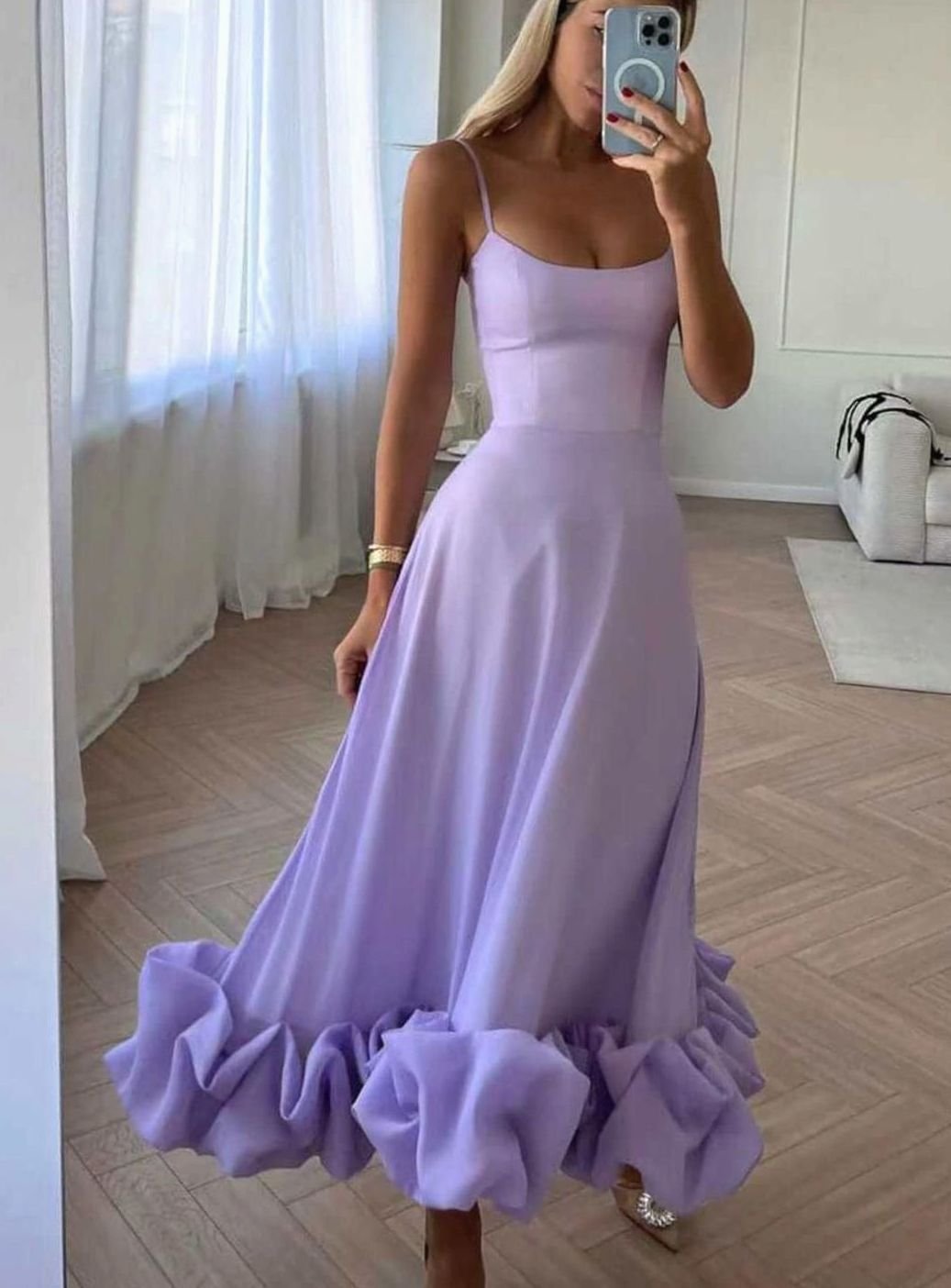 Women's Floral A-Line Midi Wedding Guest Dress Bustier Ruffle Hem - Purple