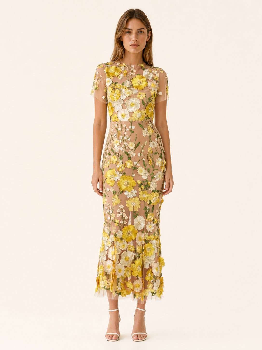 Women's Floral Appliqué Sheer Embroidered Fitted Maxi Dress - Yellow