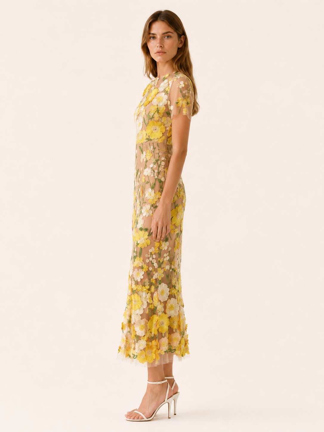 Women's Floral Appliqué Sheer Embroidered Fitted Maxi Dress
