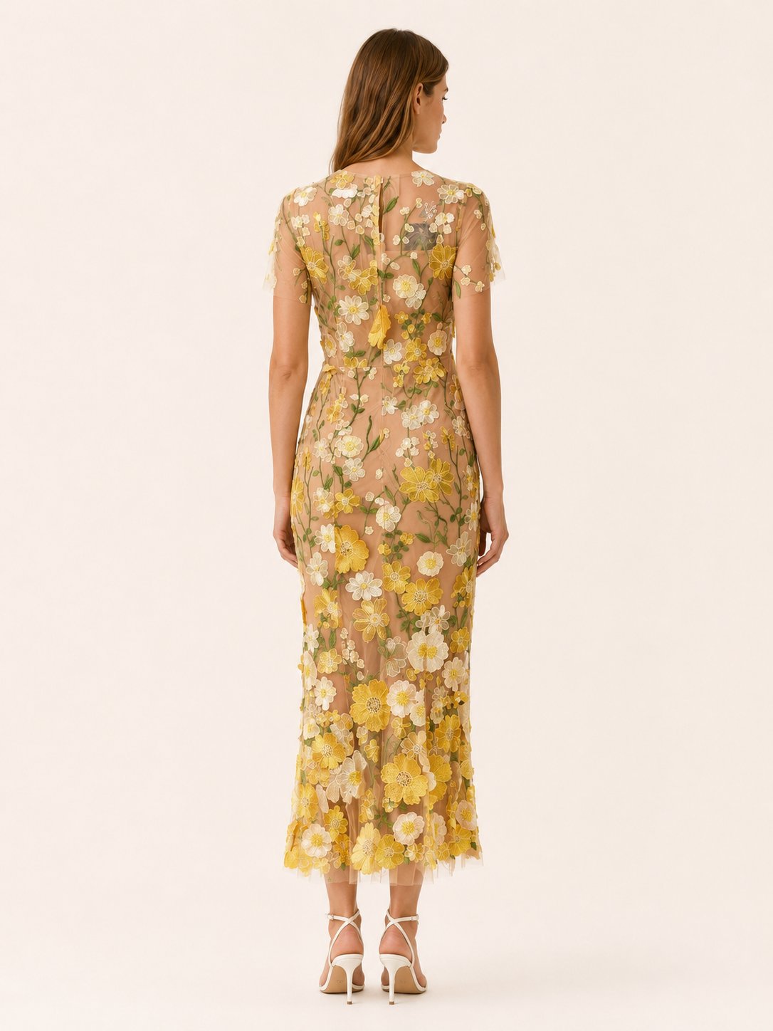 Women's Floral Appliqué Sheer Embroidered Fitted Maxi Dress