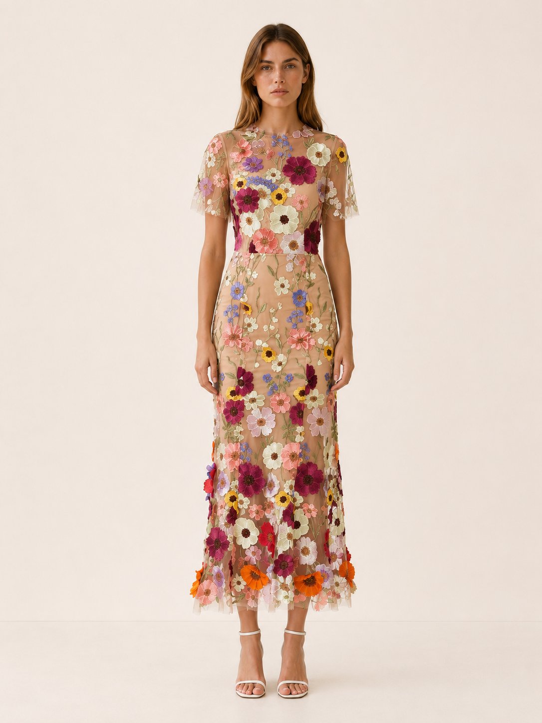 Women's Floral Appliqué Sheer Embroidered Fitted Maxi Dress - Beige