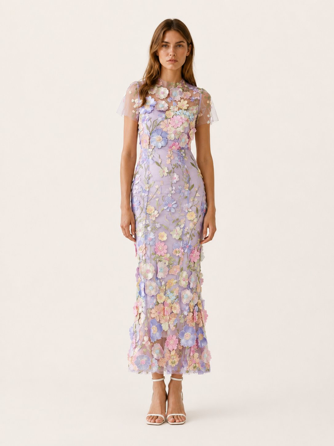 Women's Floral Appliqué Sheer Embroidered Fitted Maxi Dress - Purple