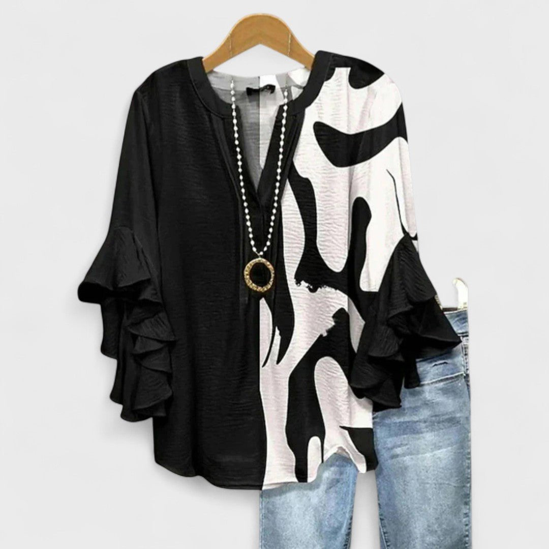 Women's Floral Blouse Ruffled Sleeves Lightweight - Black
