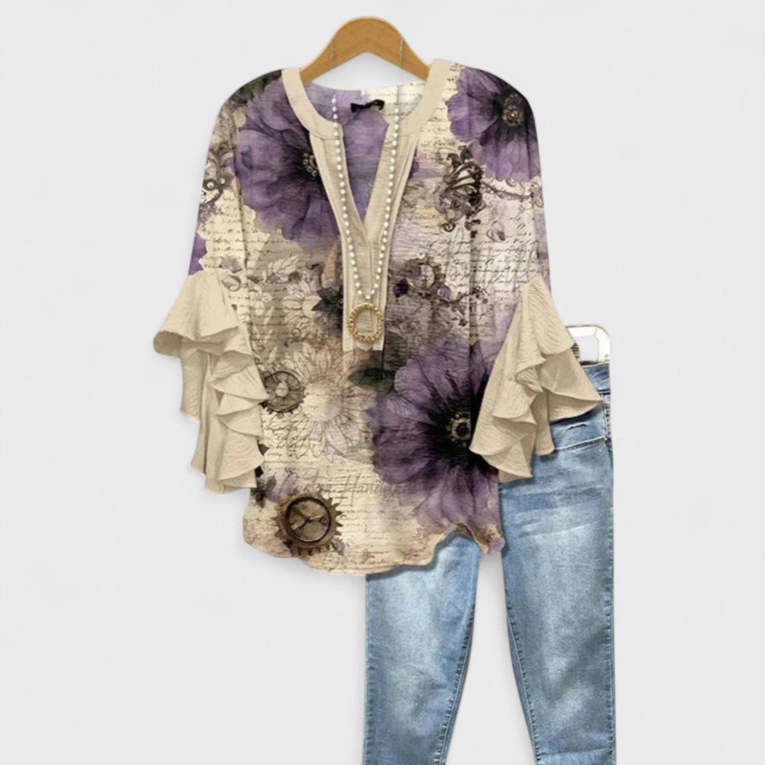 Women's Floral Blouse Ruffled Sleeves Lightweight - Beige