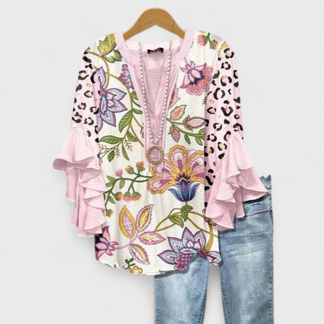 Women's Floral Blouse Ruffled Sleeves Lightweight - Pink