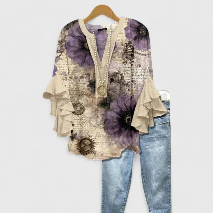 Women's Floral Blouse Ruffled Sleeves V-Neck Relaxed Fit - Beige