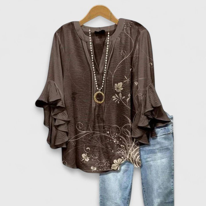 Women's Floral Blouse Ruffled Sleeves V-Neck Relaxed Fit - Brown