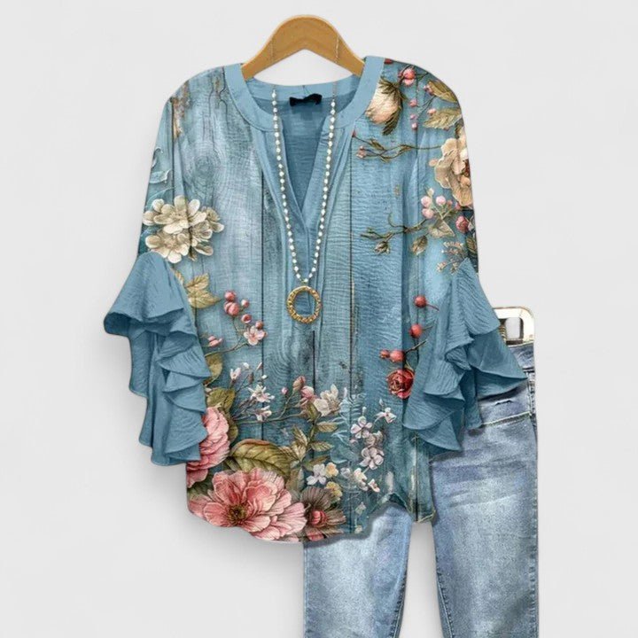 Women's Floral Blouse Ruffled Sleeves V-Neck Relaxed Fit - Floral Blue