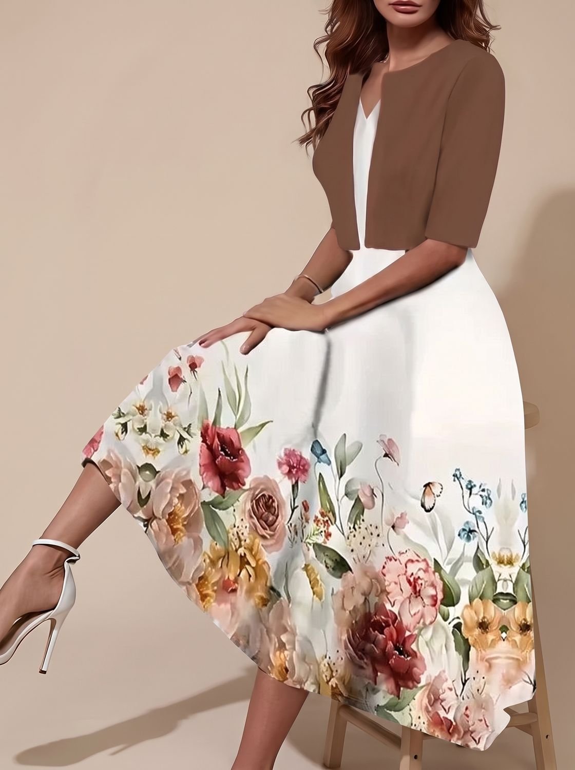 Women's Floral Border White Tailored Midi Dress Two-Piece Set