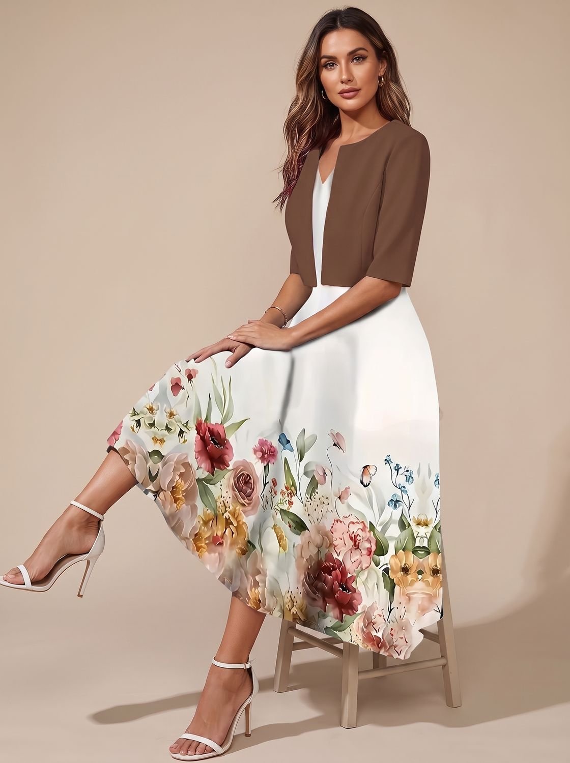 Women's Floral Border White Tailored Midi Dress Two-Piece Set - Coffee