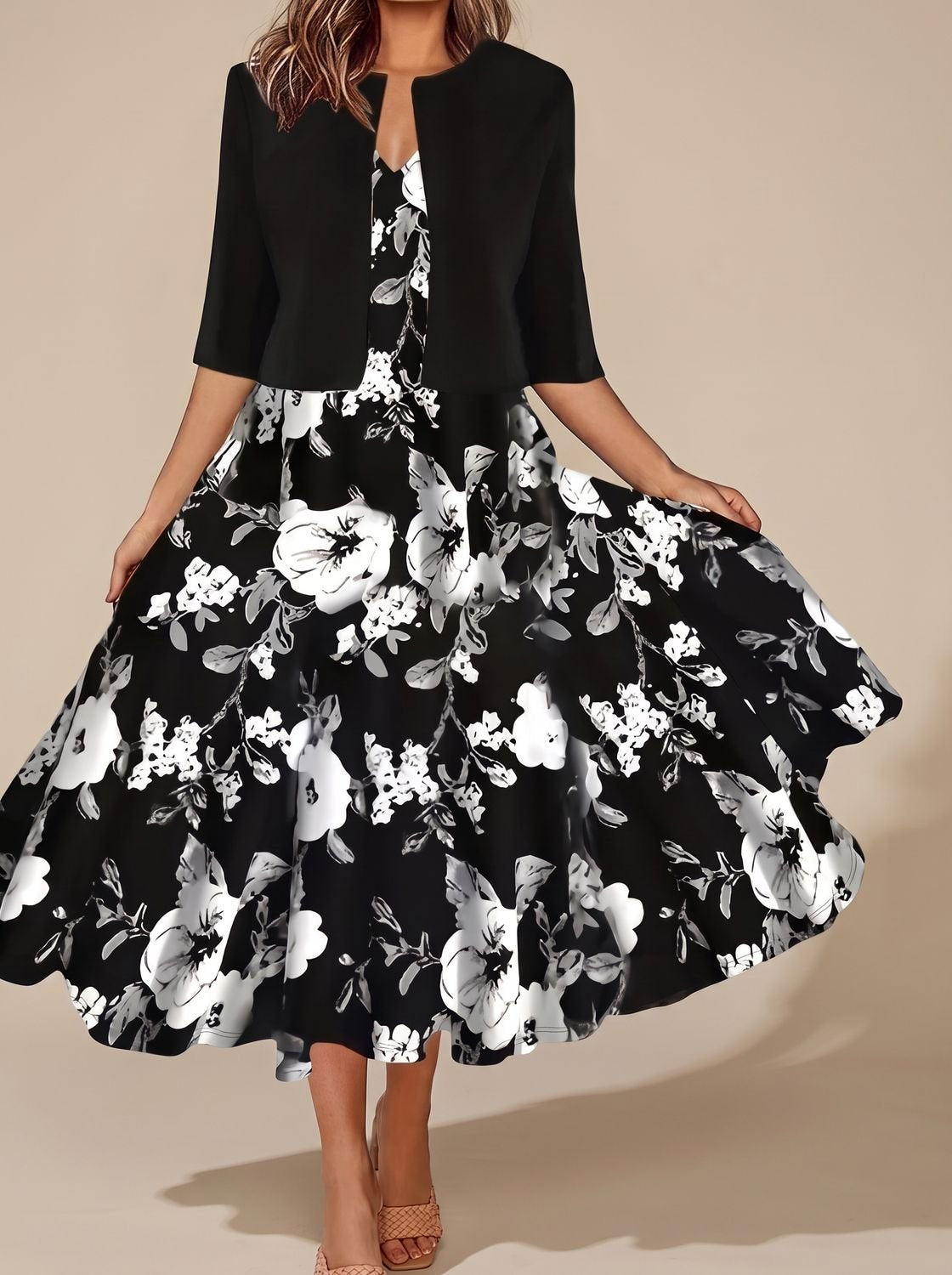 Women's Floral Border White Tailored Midi Dress Two-Piece Set - Black